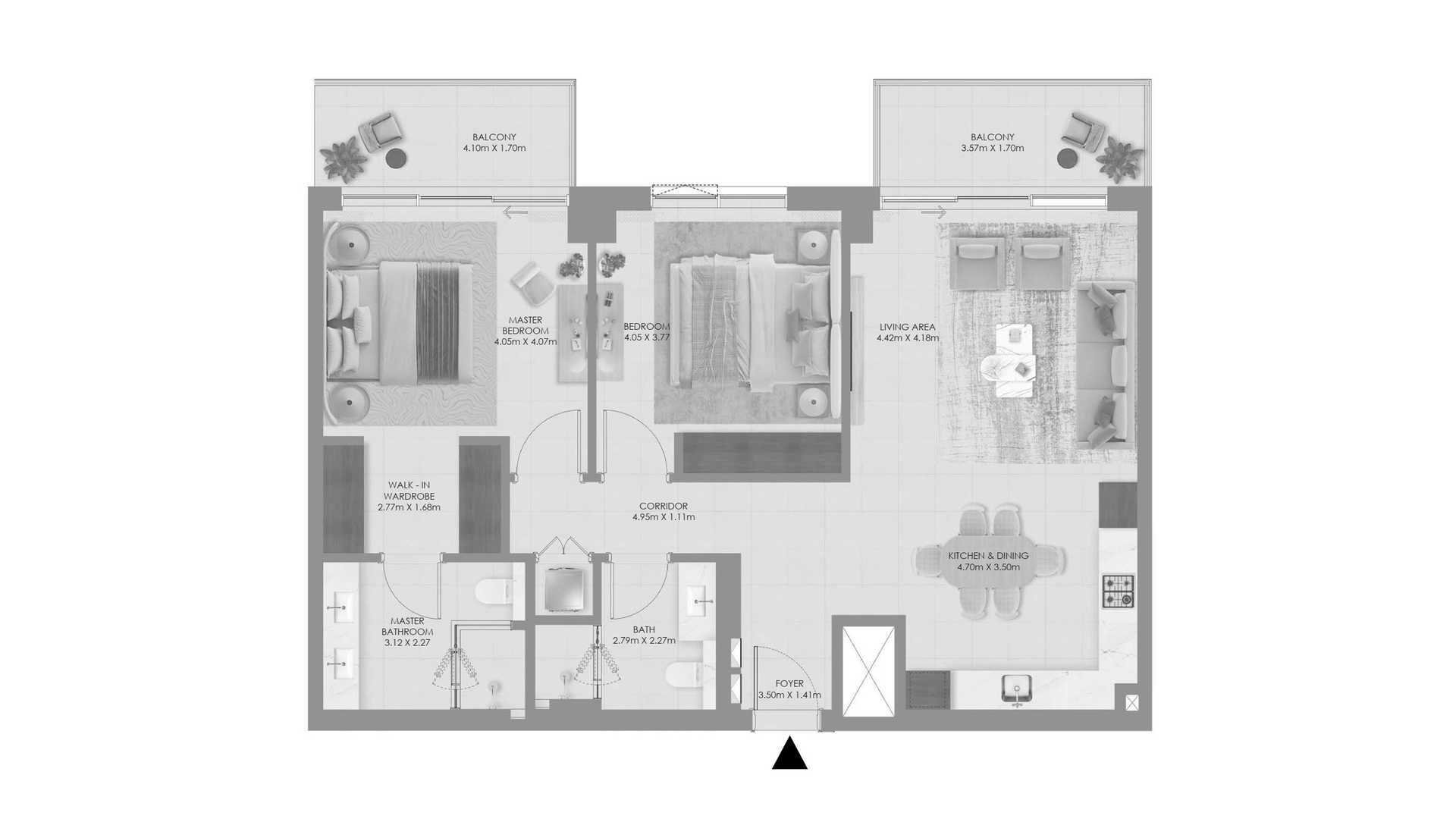 Планировка квартиры 2 спальни в ЖК Aurea № 11008